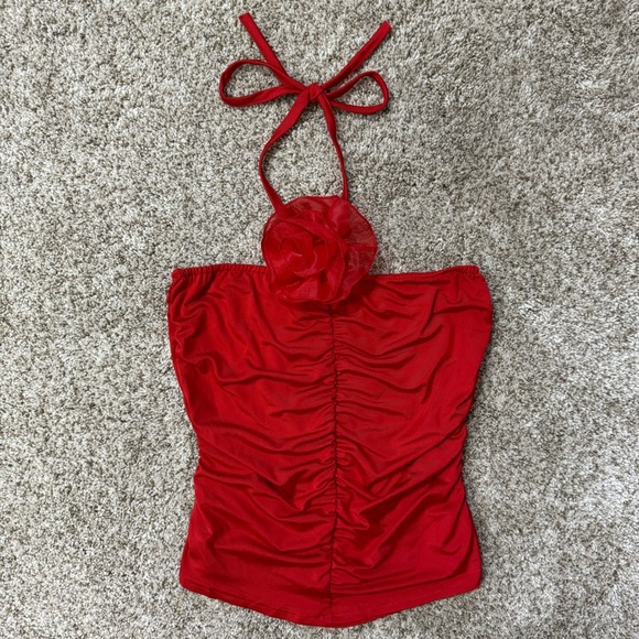 Tops - Red Flower Halter Tie Top